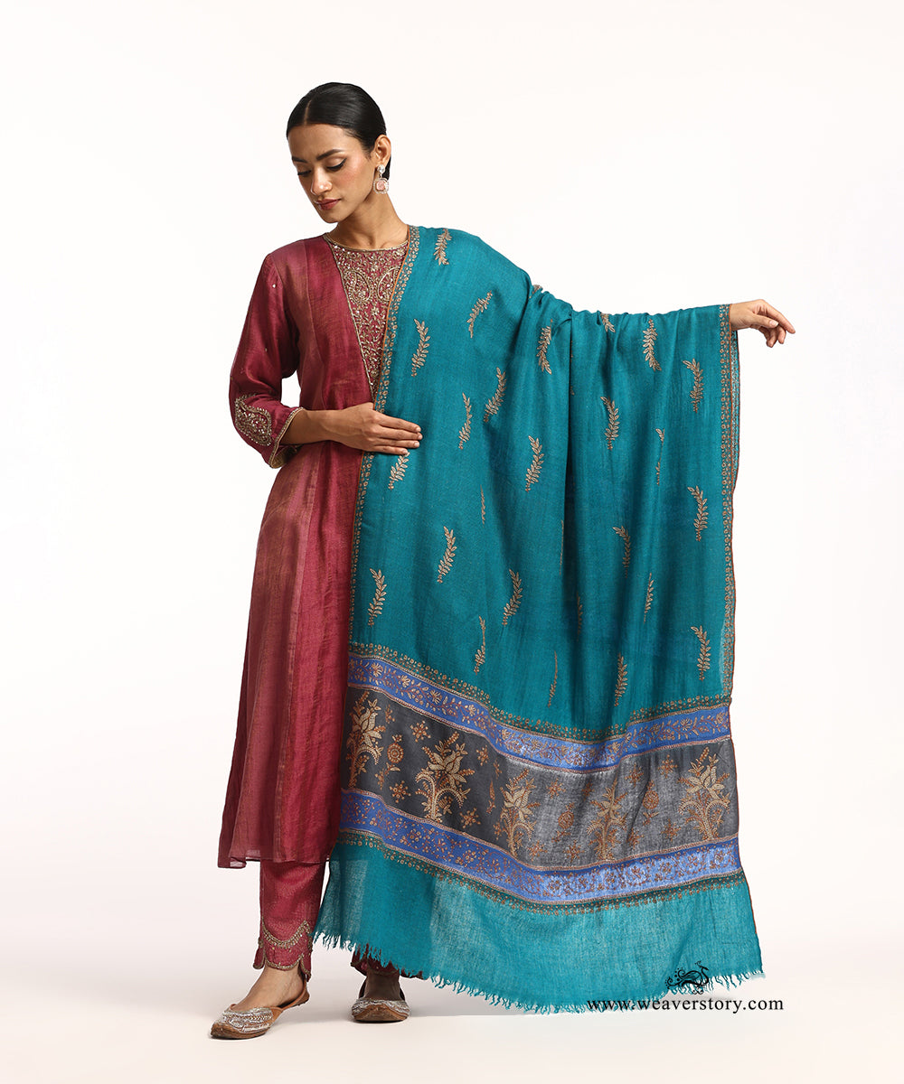 Teal Blue Pure Pashmina Shawl With Hand Embroidered Needle Work
