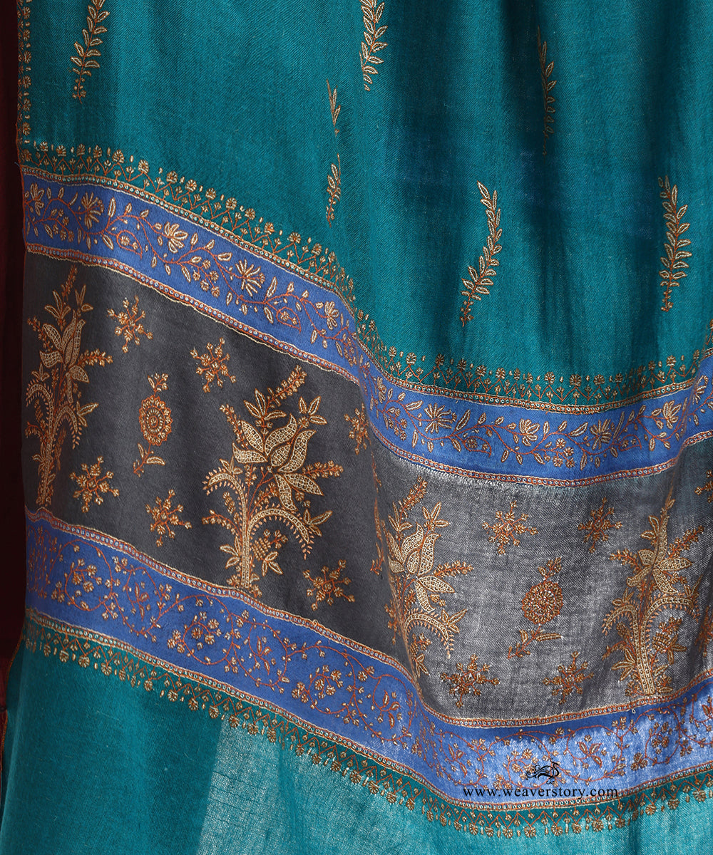 Teal Blue Pure Pashmina Shawl With Hand Embroidered Needle Work