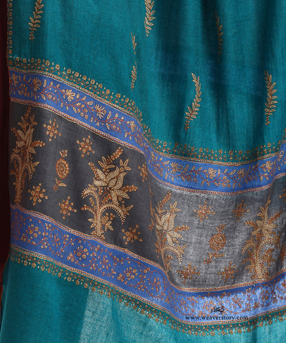 Teal Blue Pure Pashmina Shawl With Hand Embroidered Needle Work