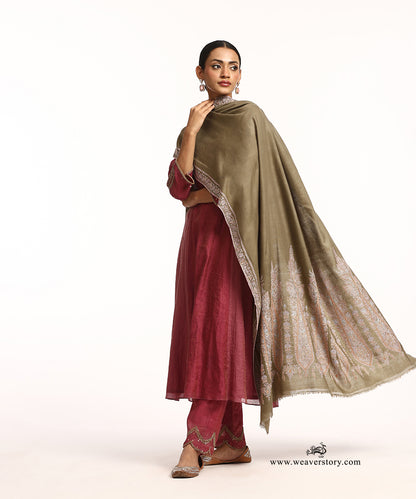 Heena Green Handwoven Pure Pashmina Shawl With Soznikari Mehendi Design