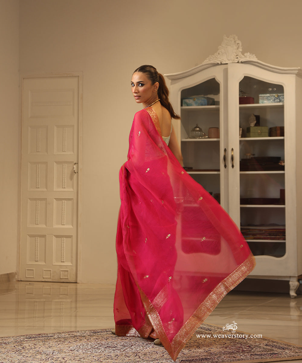 Pink Handwoven Pure Organza Saree with Banarasi Border and Hand Embroidered Motifs