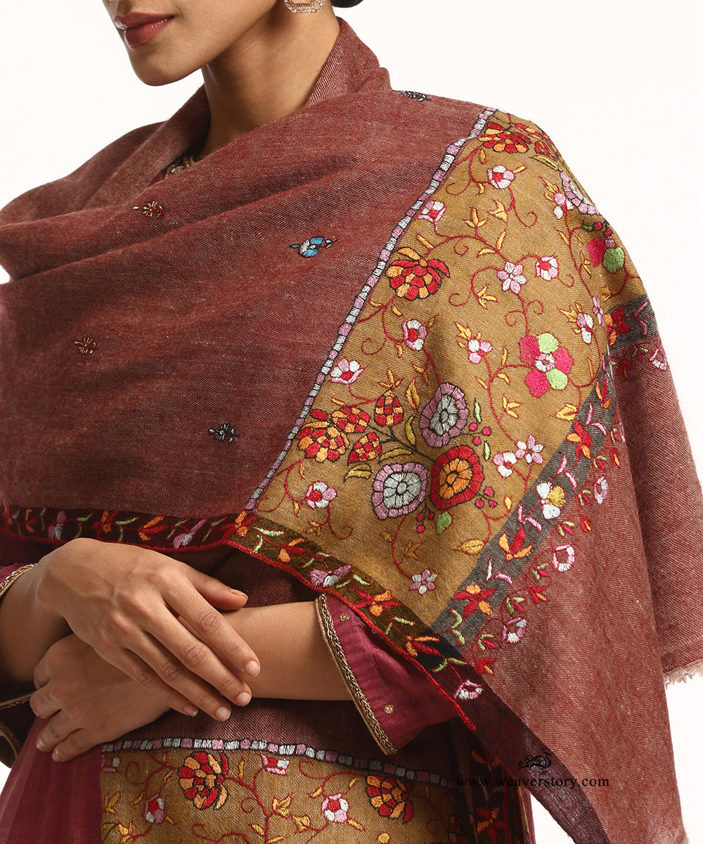 Beige And Maroon Handwoven Pure Pashmina Stole With Hand Embroidery
