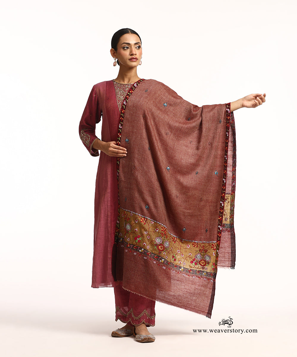 Beige And Maroon Handwoven Pure Pashmina Stole With Hand Embroidery
