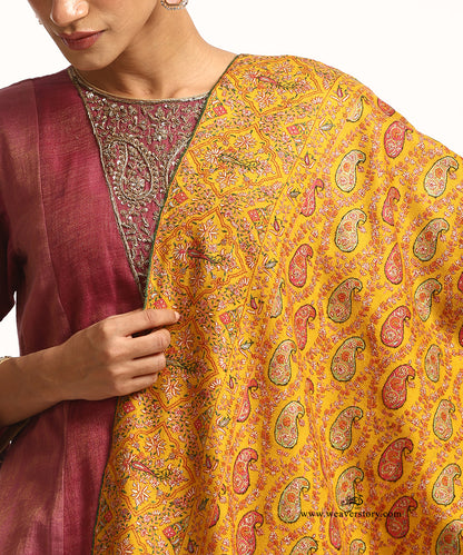 Handwoven Mustard Jamawar Pure Pashmina Shawl With Soznikari Jaal