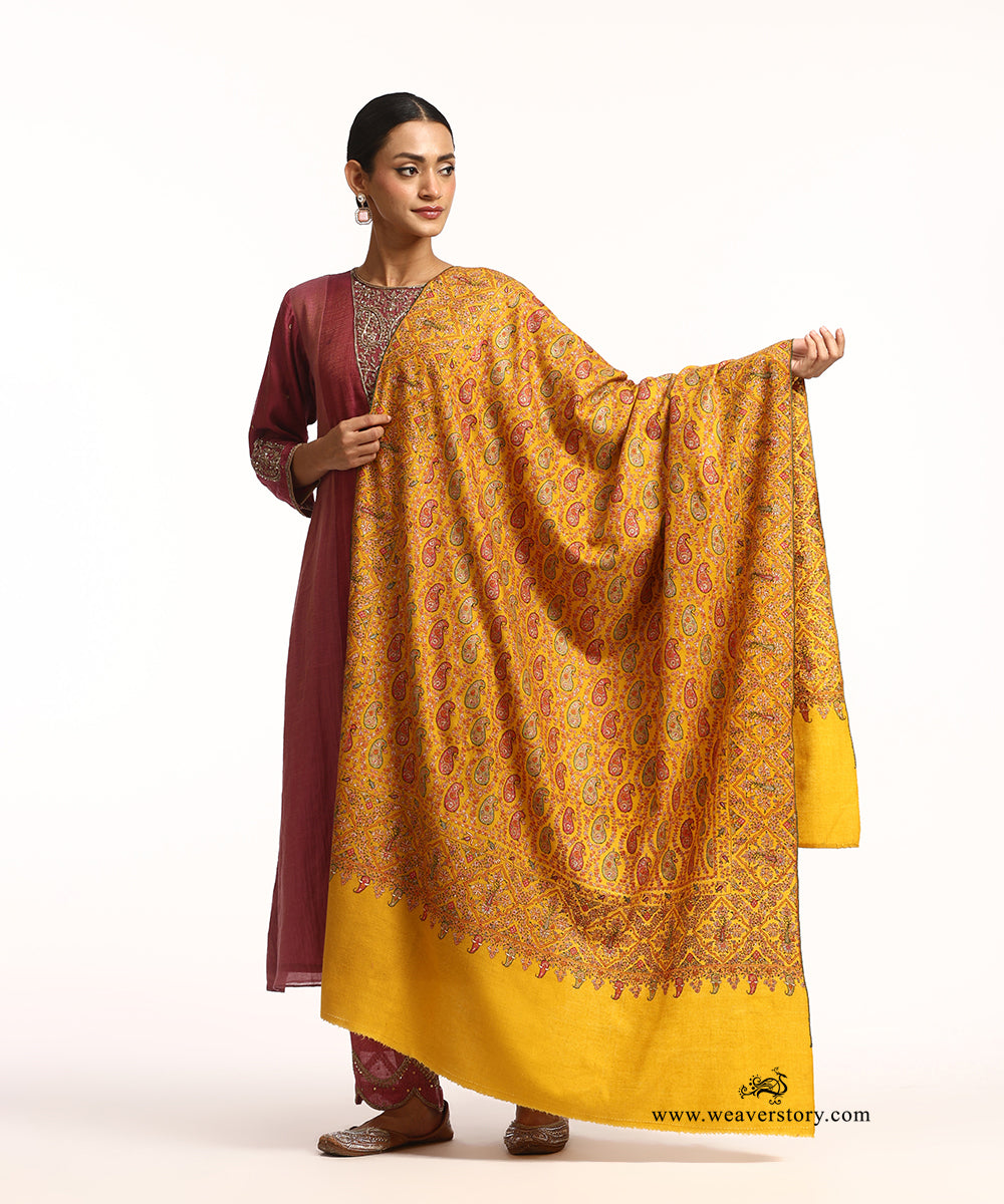 Handwoven Mustard Jamawar Pure Pashmina Shawl With Soznikari Jaal