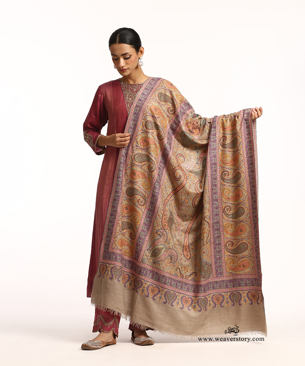 Natural Toosh Handwoven Jamawar Pure Pashmina Shawl With Sozni Kari Embroidery