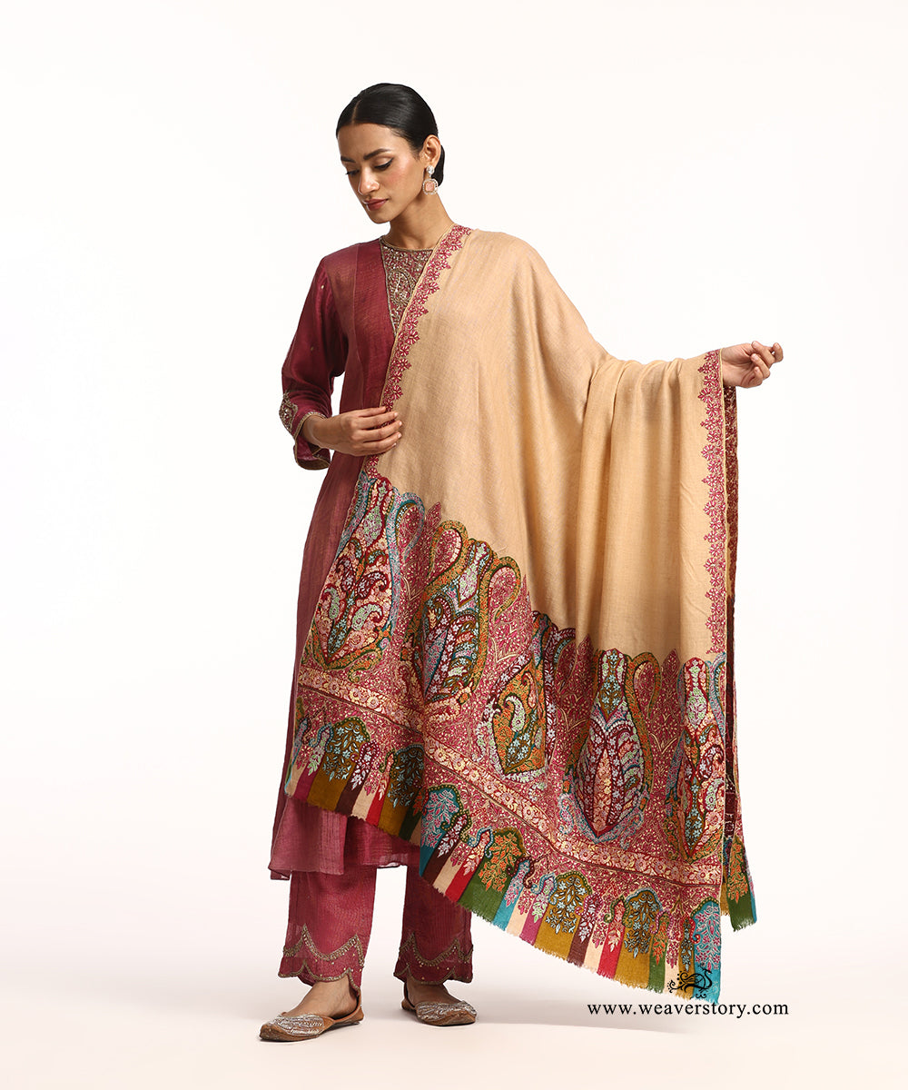 Cream Pure Pashmina Shawl With Kalamkari Palla Border And Paper Mache