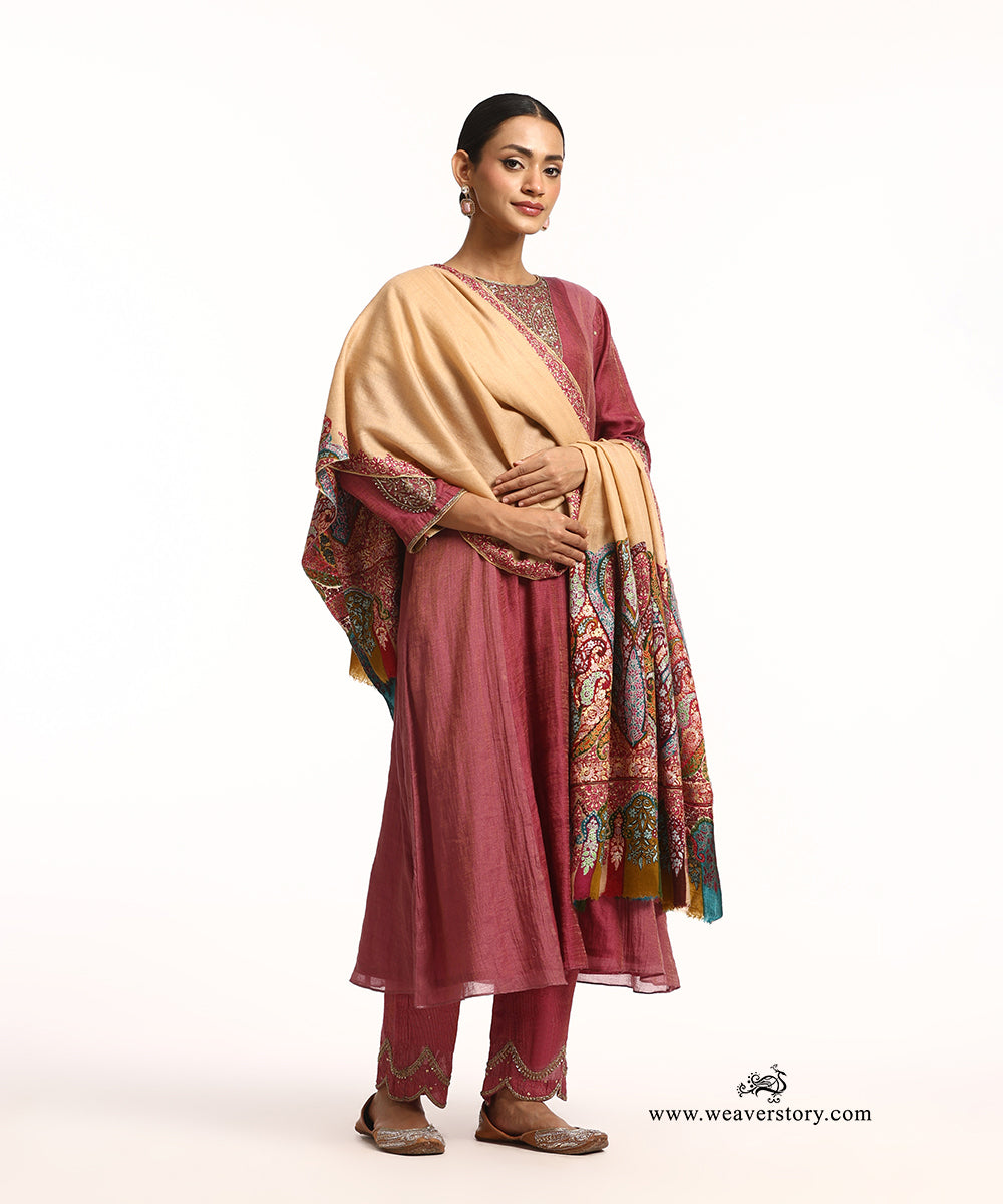 Cream Pure Pashmina Shawl With Kalamkari Palla Border And Paper Mache