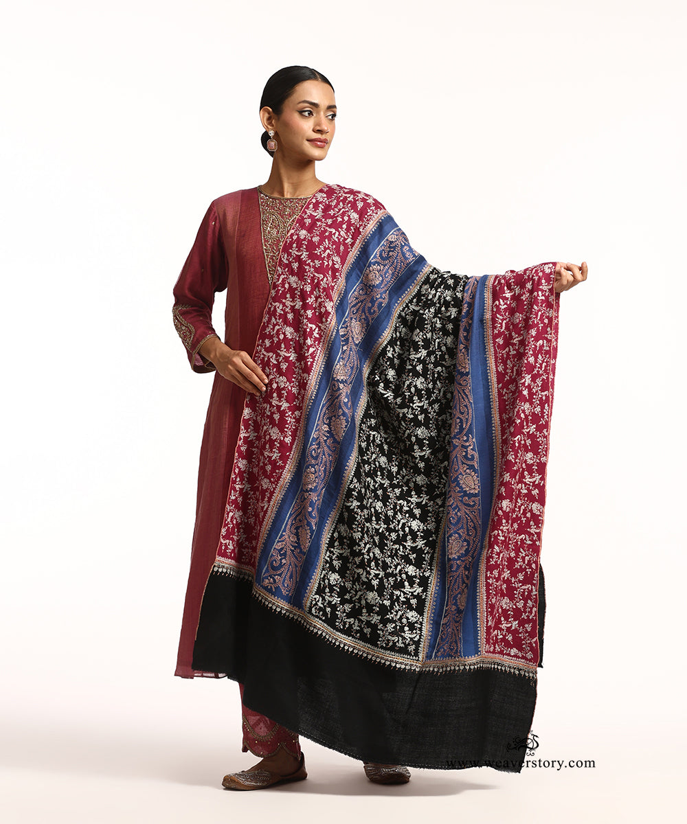Handwoven Black Pure Pashmina Shawl With Soznikari Work
