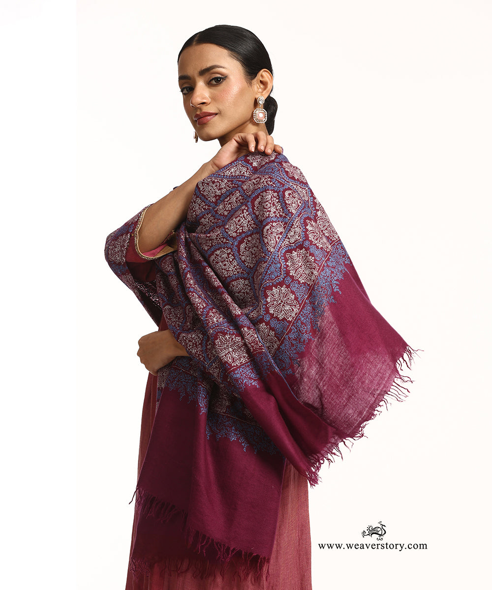 Maroon Handwoven Pure Pashmina Stole With Soznikari