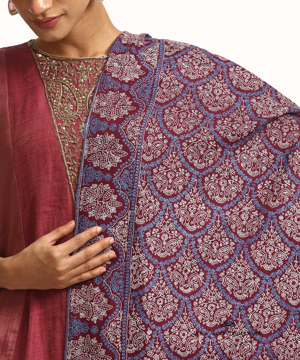 Maroon Handwoven Pure Pashmina Stole With Soznikari