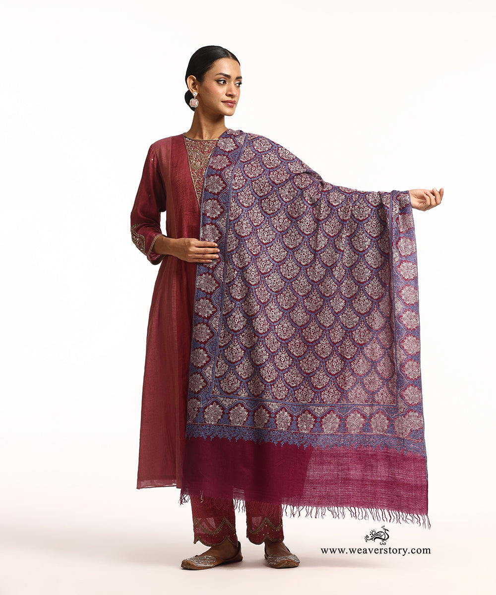 Maroon Handwoven Pure Pashmina Stole With Soznikari