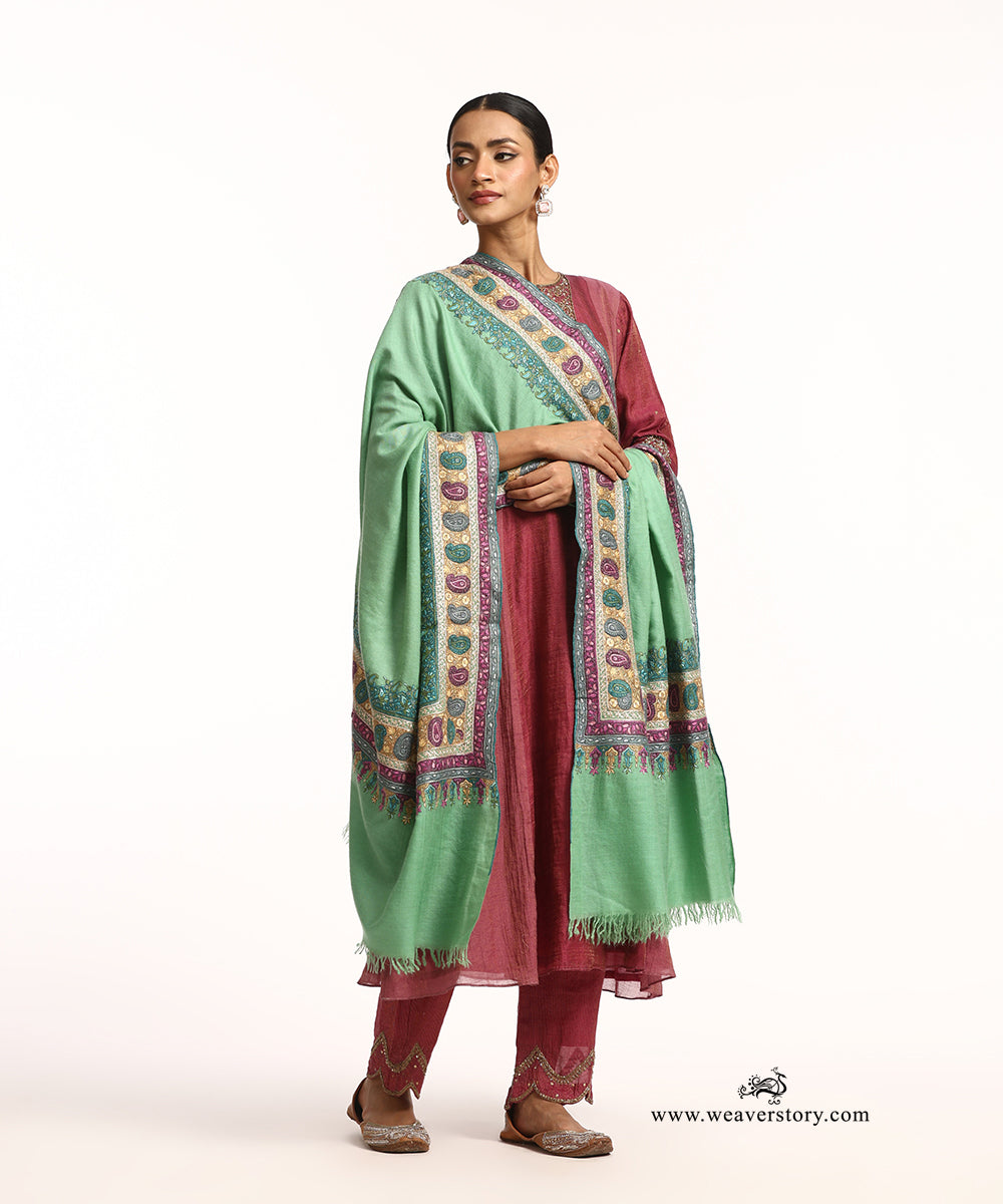 Mint Green Handwoven Paper Mache Pure Pashmina Shawl With Mix Tilla Heavy Work