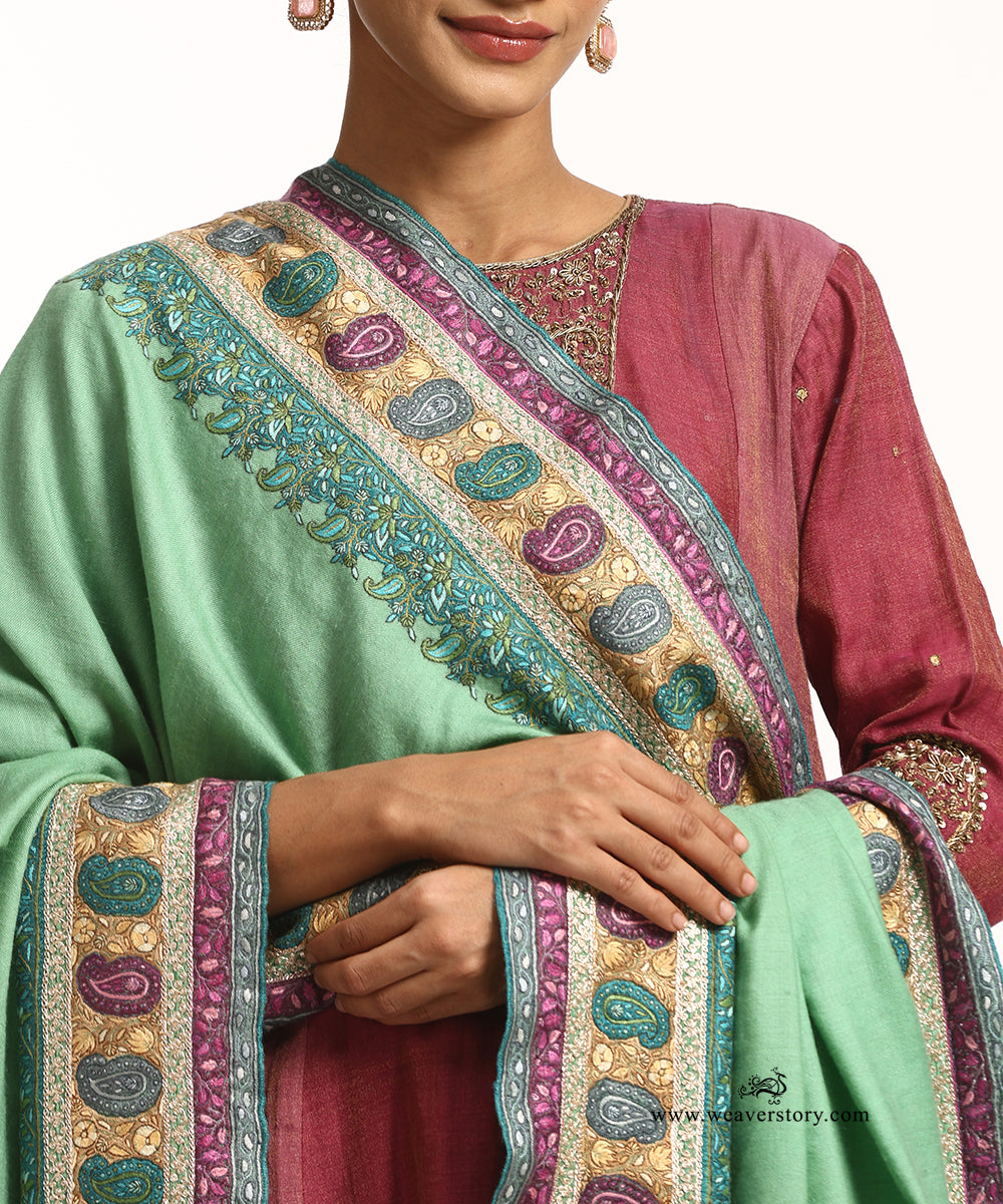 Mint Green Handwoven Paper Mache Pure Pashmina Shawl With Mix Tilla Heavy Work