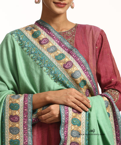 Mint Green Handwoven Paper Mache Pure Pashmina Shawl With Mix Tilla Heavy Work