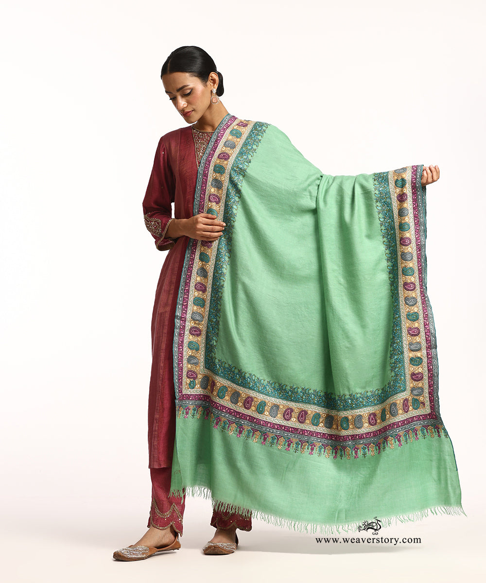 Mint Green Handwoven Paper Mache Pure Pashmina Shawl With Mix Tilla Heavy Work