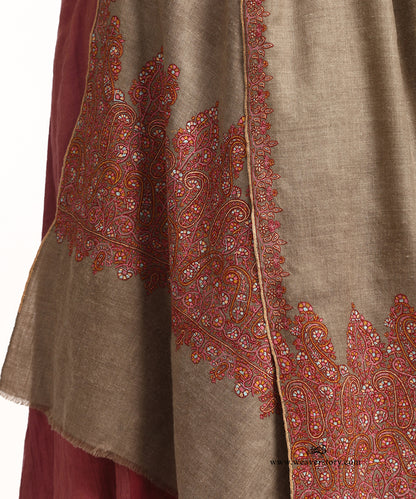 Natural Toosh Color Handwoven Pure Pashmina Shawl With Resham Sozni Kari Palla