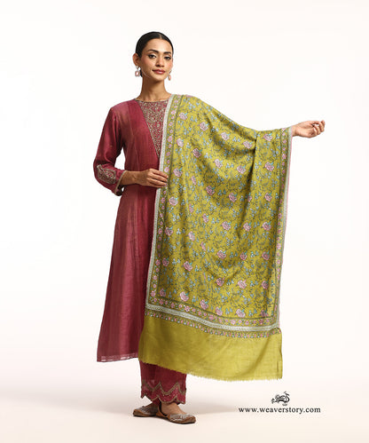Lime Green Handwoven Paper Mache And Tilla Work Pure Pashmina Stole
