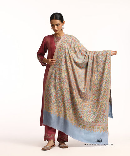 Grey Handwoven Pure Pashmina Shawl With Multicolor Soznikari