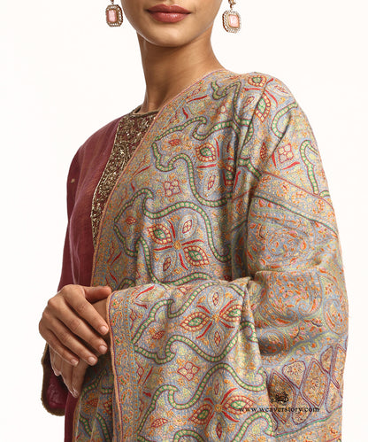 Grey Handwoven Pure Pashmina Shawl With Multicolor Soznikari