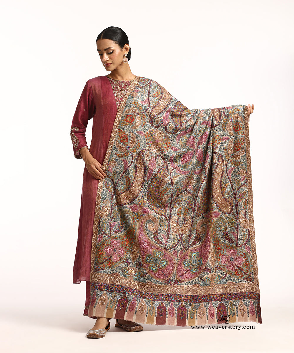 Mustard Handwoven Kalamkari Pure Pashmina Shawl With Soznikari