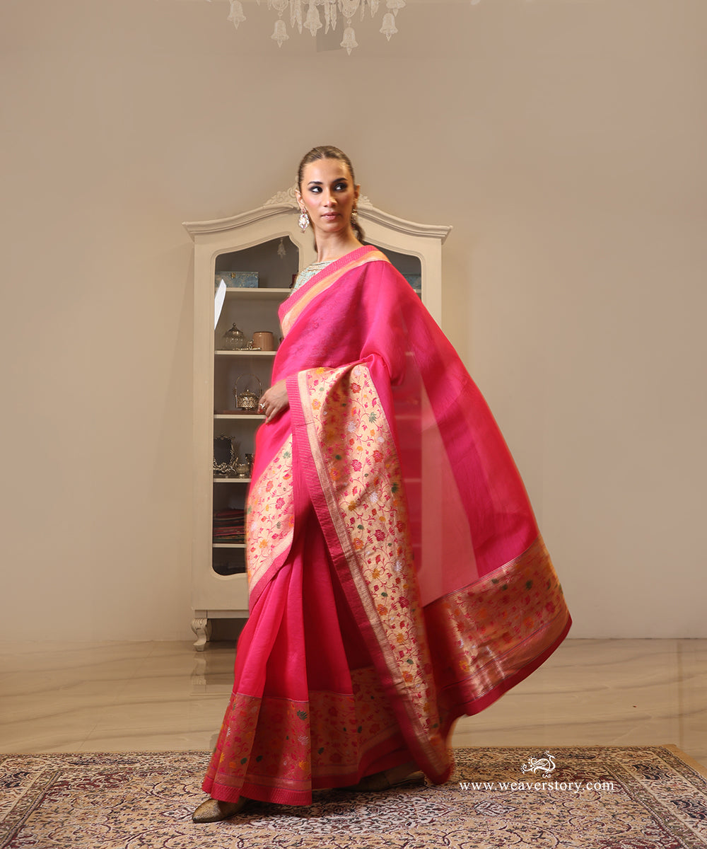 Pink Handwoven Pure Organza Saree with Banarasi Meenakari Border in Paithani-Inspired Design