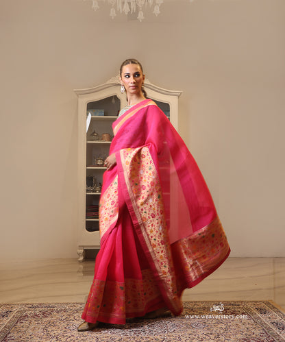 Pink Handwoven Pure Organza Saree with Banarasi Meenakari Border in Paithani-Inspired Design