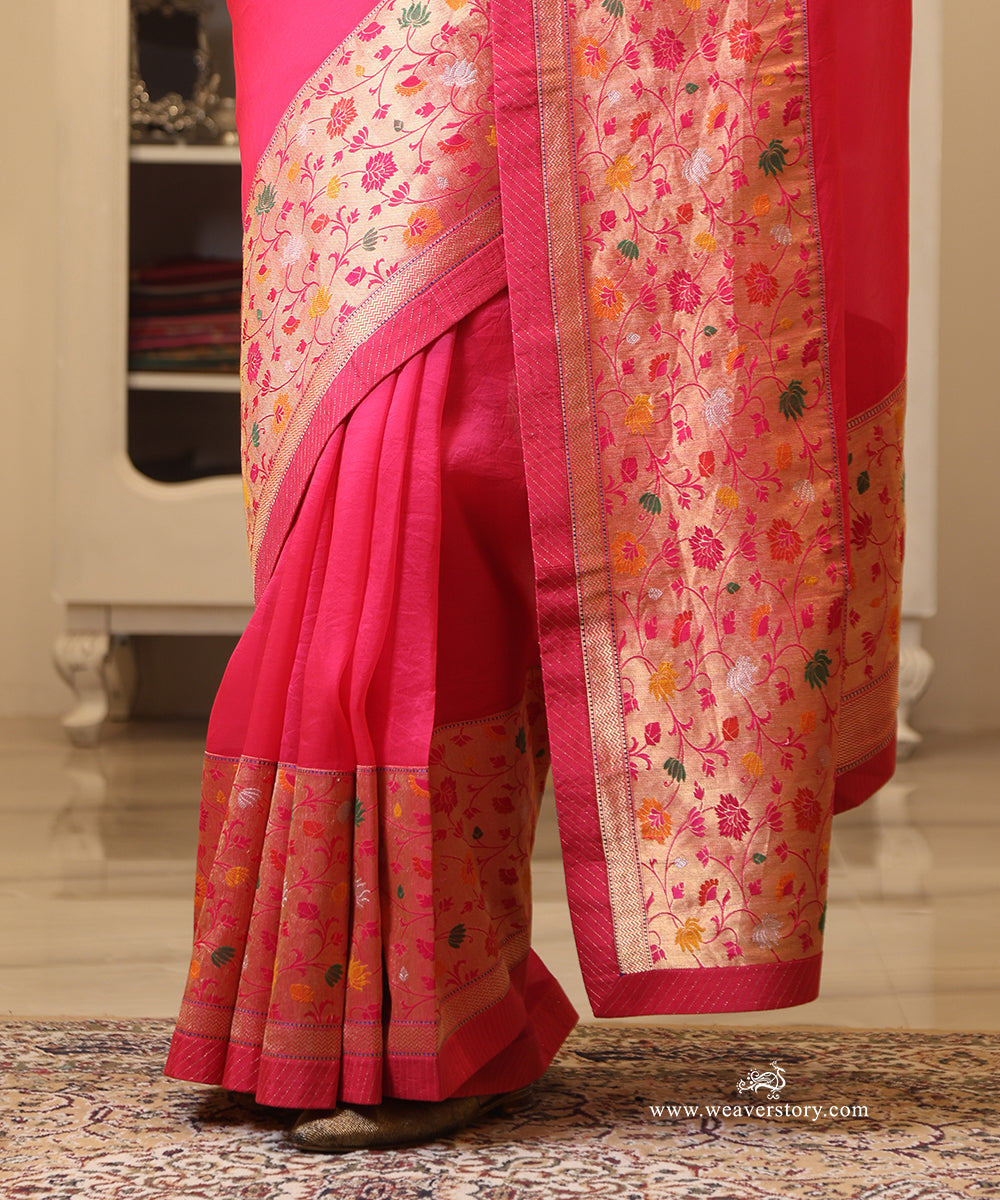 Pink Handwoven Pure Organza Saree with Banarasi Meenakari Border in Paithani-Inspired Design