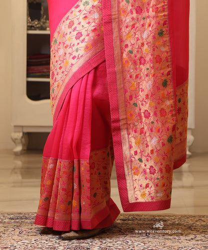 Pink Handwoven Pure Organza Saree with Banarasi Meenakari Border in Paithani-Inspired Design