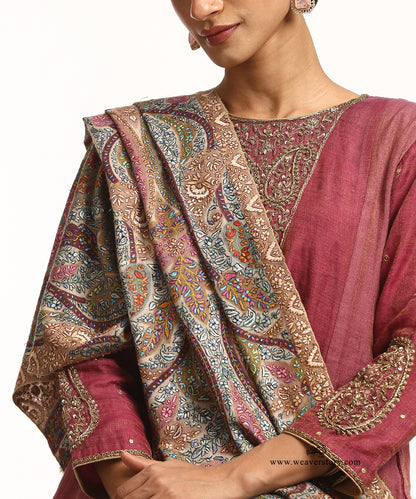 Mustard Handwoven Kalamkari Pure Pashmina Shawl With Soznikari