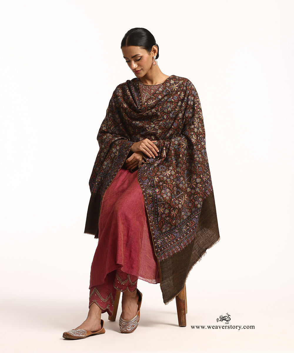 Grey Black Handwoven Reversible Pure Pashmina Jamawar Shawl With Sozni Kari Embroidery