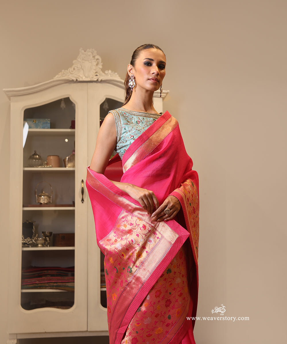 Pink Handwoven Pure Organza Saree with Banarasi Meenakari Border in Paithani-Inspired Design