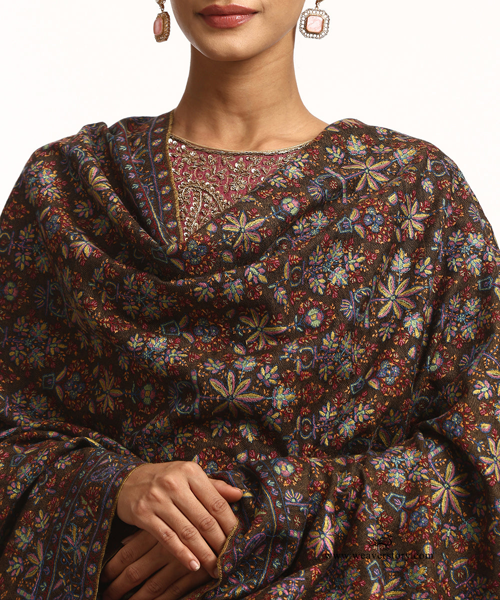 Grey Black Handwoven Reversible Pure Pashmina Jamawar Shawl With Sozni Kari Embroidery