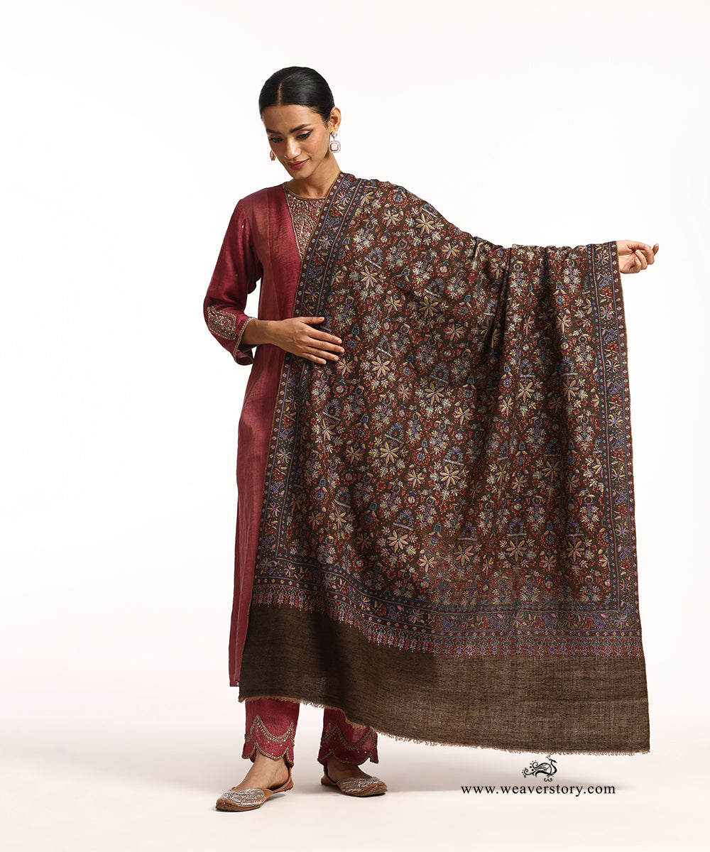 Grey Black Handwoven Reversible Pure Pashmina Jamawar Shawl With Sozni Kari Embroidery