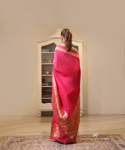 Pink Handwoven Pure Organza Saree with Banarasi Meenakari Border in Paithani-Inspired Design