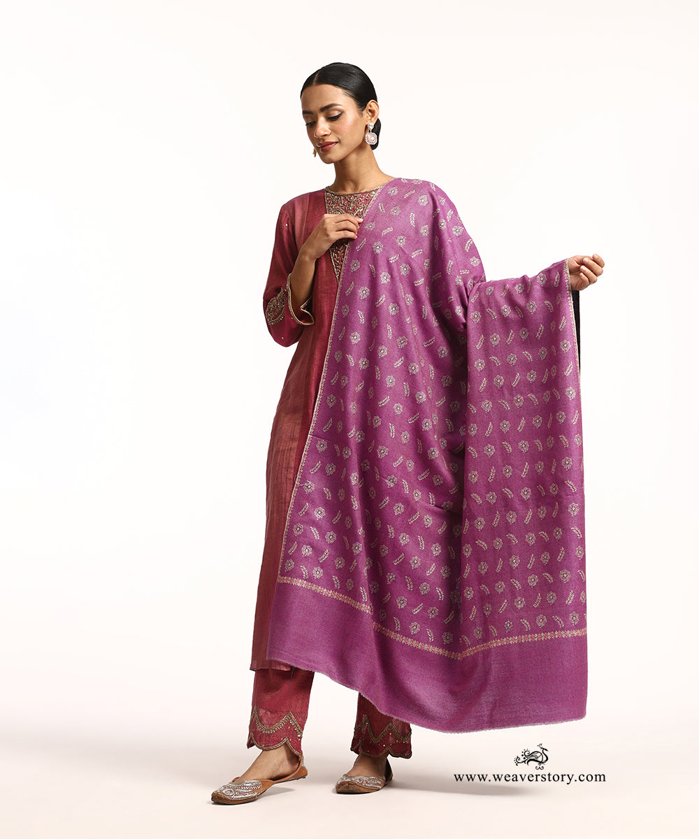 Handwoven Purple And Wine Reversible Pure Pashmina Shawl With Resham Sozni Kari Boota