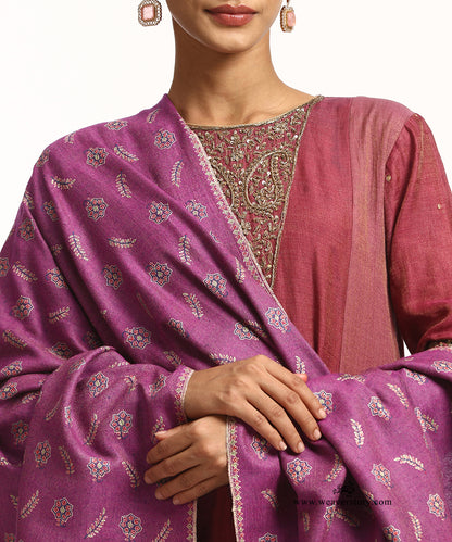 Handwoven Purple And Wine Reversible Pure Pashmina Shawl With Resham Sozni Kari Boota