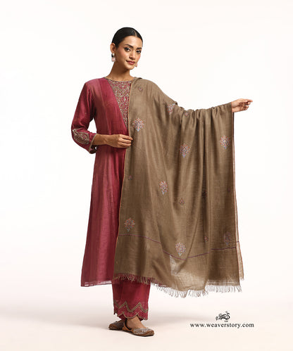 Natural Brown Handwoven Pure Pashmina Shawl With Soznikari Boota