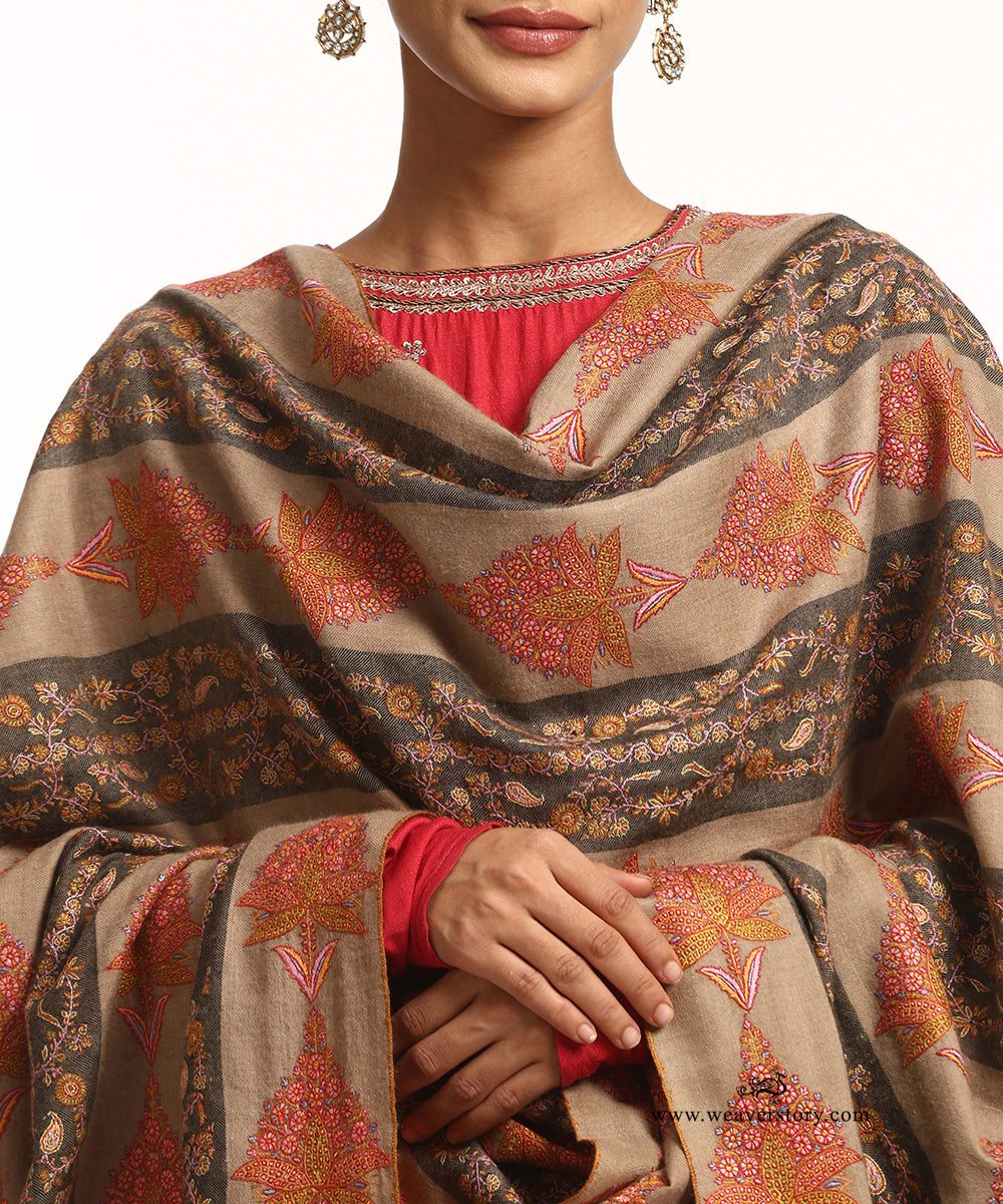 Brown Handwoven Striped Jamawar Pure Pashmina Shawl