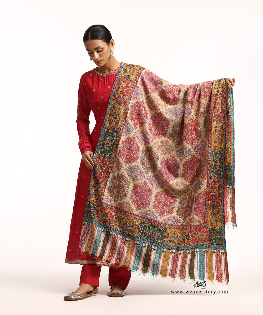 Green And Red Handwoven Jamawar Pure Pashmina Shawl With Soznikari