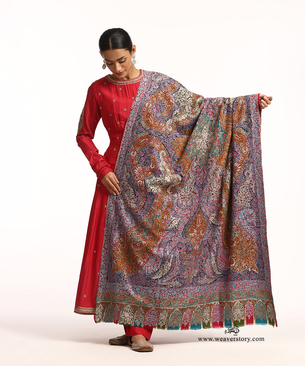 Handwoven Green Kalamkari Pure Pashmina Shawl With Soznikari