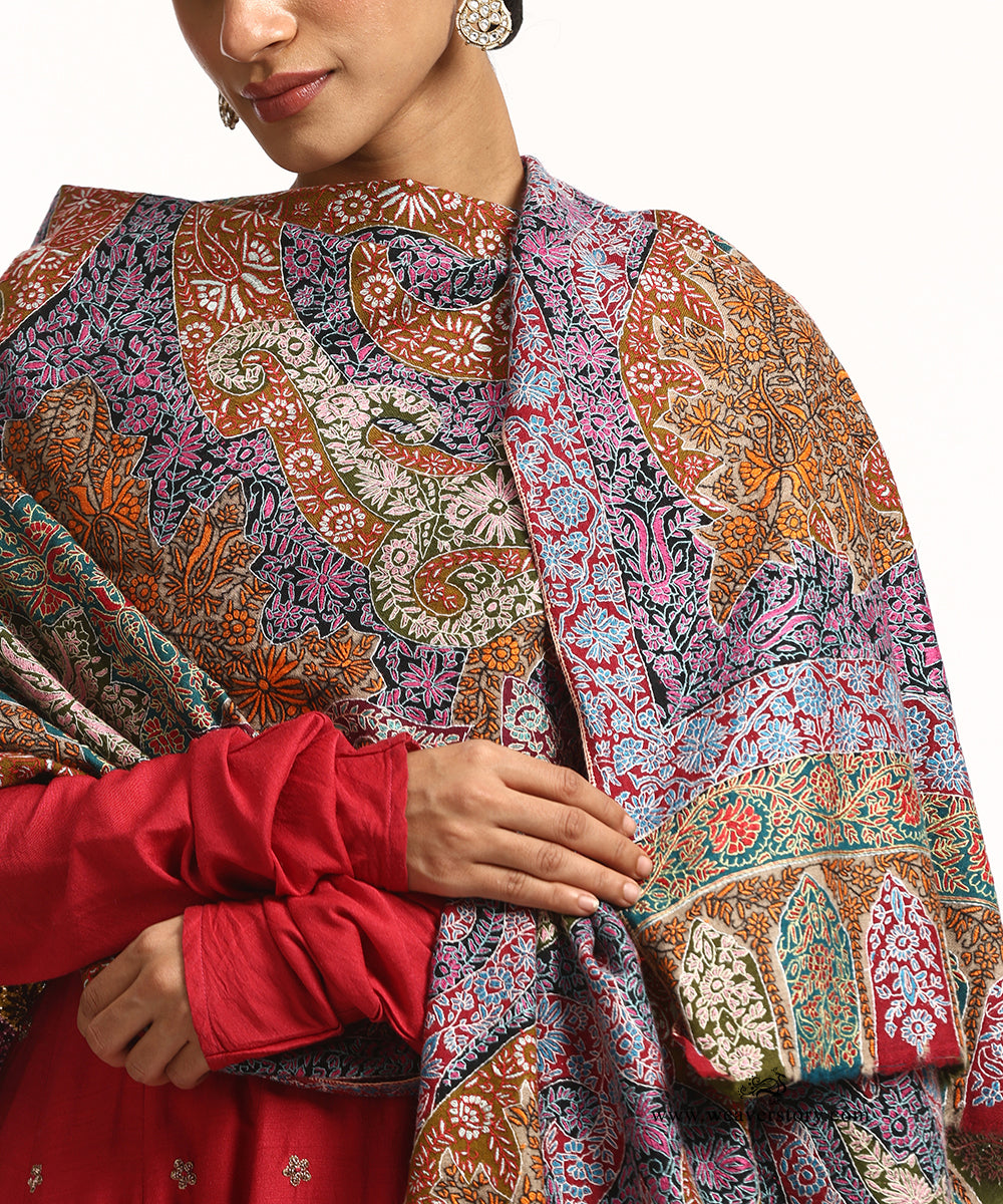 Handwoven Green Kalamkari Pure Pashmina Shawl With Soznikari