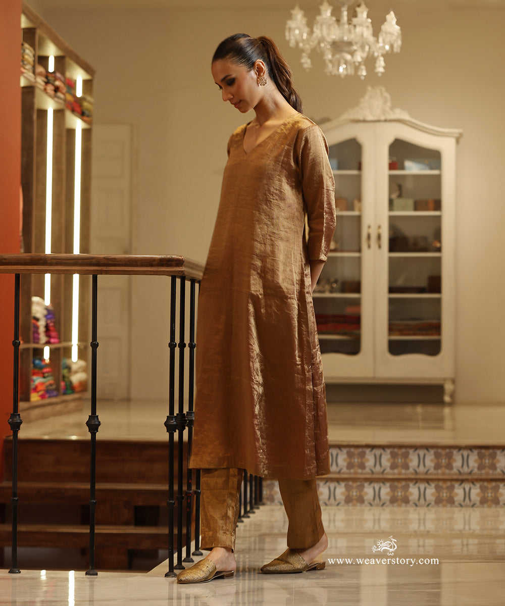 Handloom Gold Tissue V-Neck A-Line Kurta with Pants