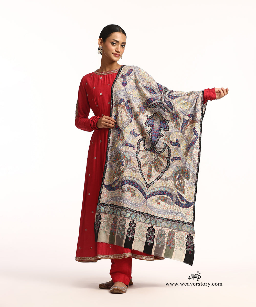 Beige Handwoven Kalamkari Handwork Pure Pashmina Stole