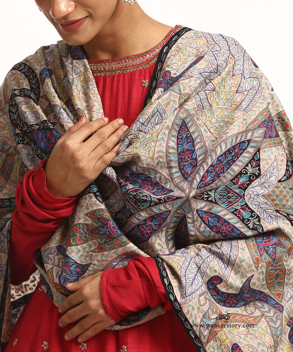 Beige Handwoven Kalamkari Handwork Pure Pashmina Stole