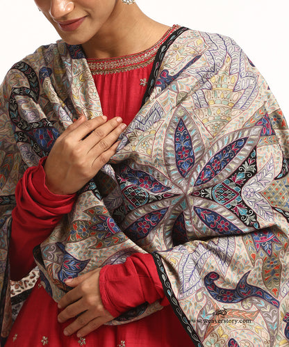 Beige Handwoven Kalamkari Handwork Pure Pashmina Stole