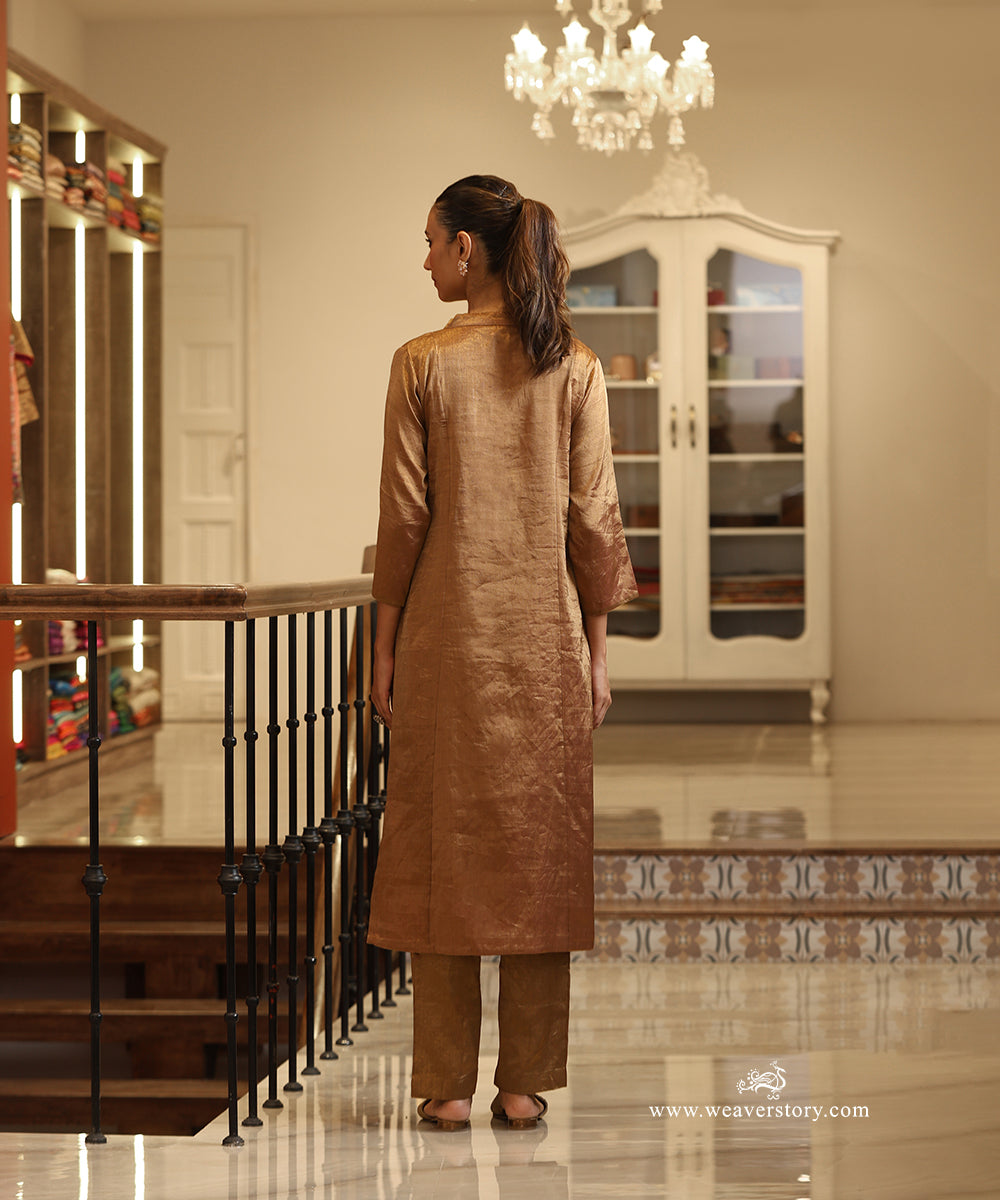 Handloom Gold Tissue Collared V-Neck Princess Line Kurta with Pants