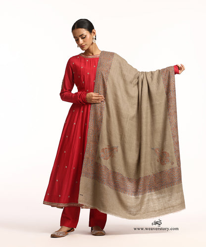 Grey Handwoven Pure Pashmina Shawl With Hand Embroidered Dana Work