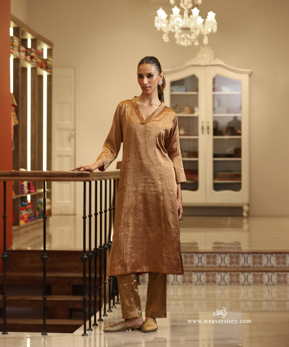 Handloom Gold Tissue Collared V-Neck Princess Line Kurta with Pants