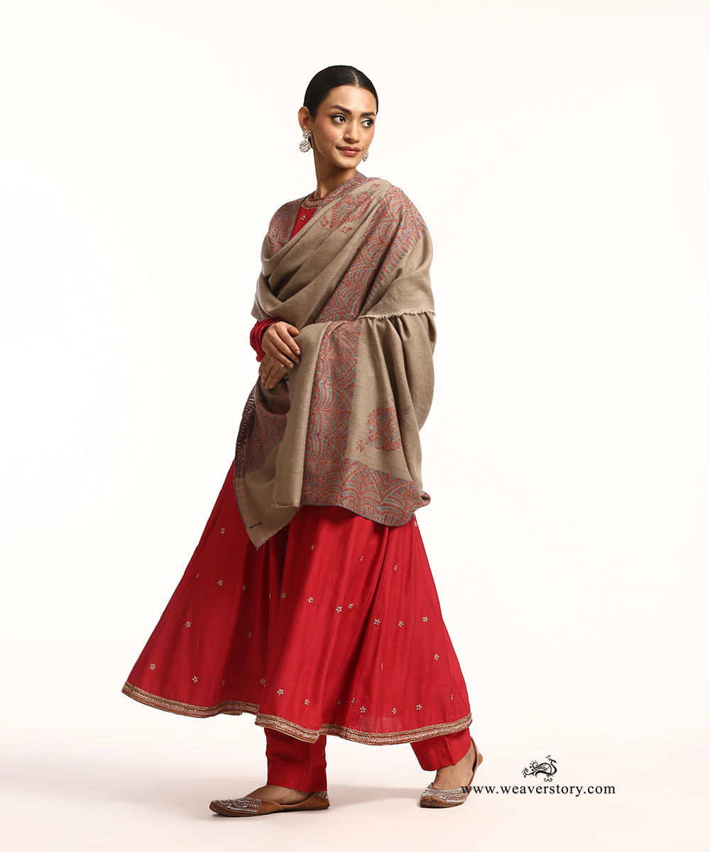 Grey Handwoven Pure Pashmina Shawl With Hand Embroidered Dana Work